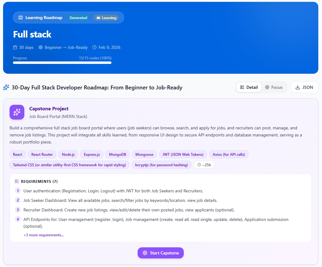 UpSkill AI career platform with roadmaps, cover letters, capstone projects and certification